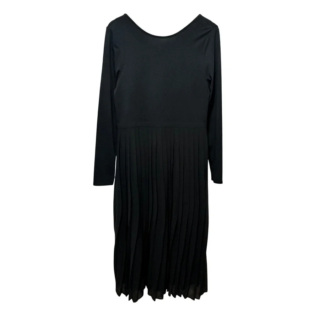 J.Crew Pleated Maxi Dress Women L Black Long Sleeve Scoop Neck Modest Minimalist